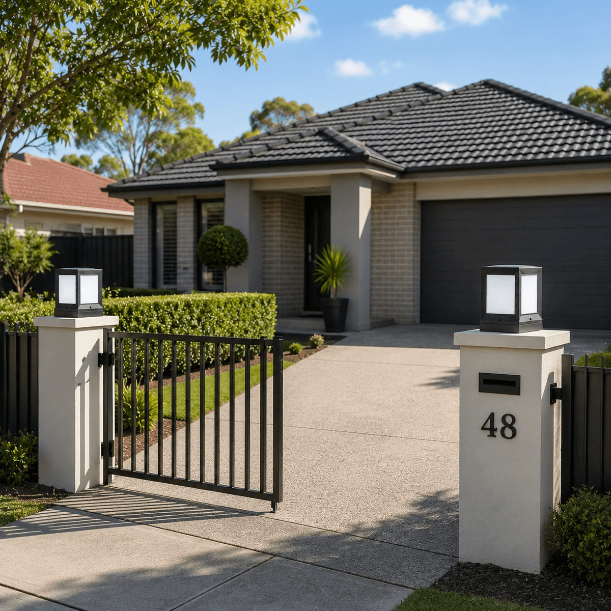 Outdoor solar LED post cap lights on gate pillars of an Australian suburban home with a black iron driveway gate letterbox and tiled roof in the background