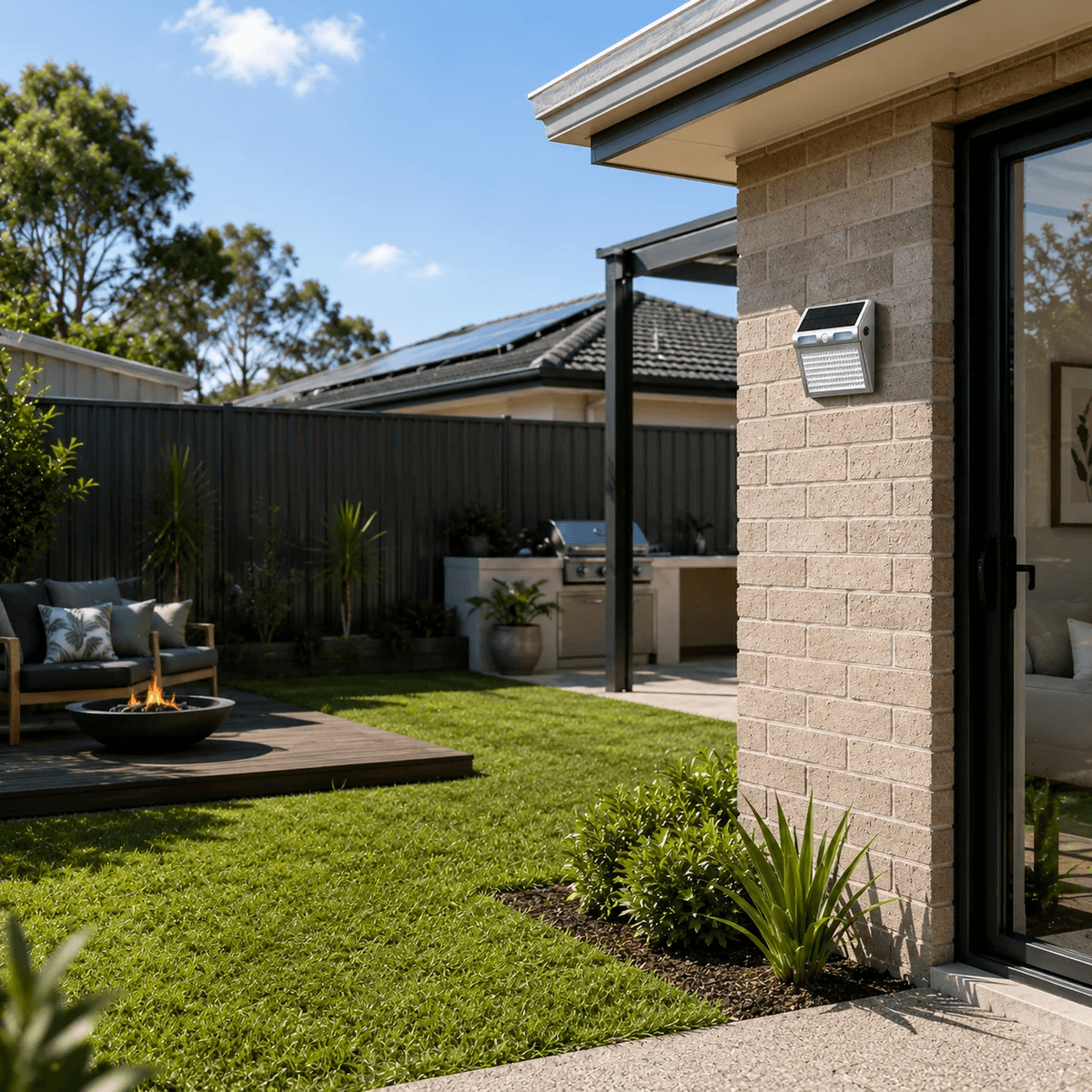 Stainless steel outdoor solar sensor wall light motion fixture mounted on a brick house wall overlooking a modern Australian backyard garden patio and barbecue area.