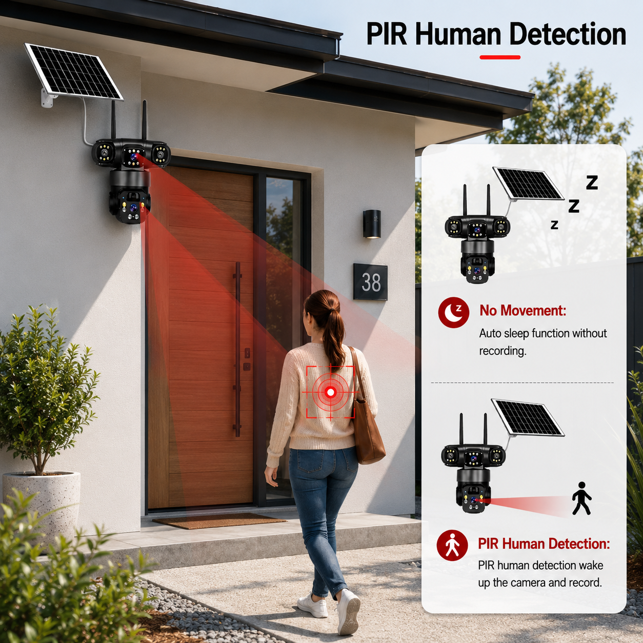 PIR motion detection camera mounted near a front door entrance, tracking a person approaching the property to wake up the system from its auto sleep battery saving mode.