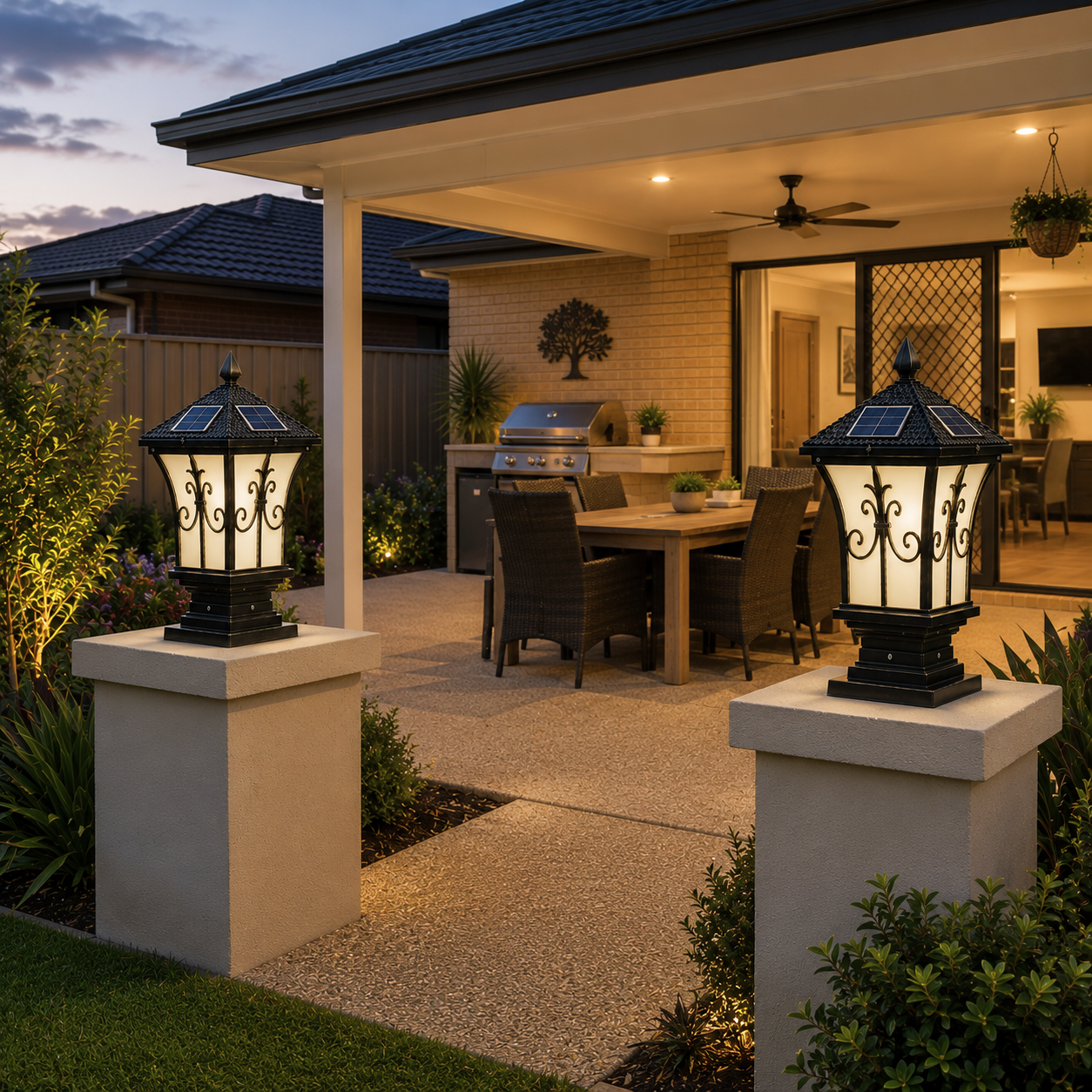 A pair of heritage solar coach lamps illuminating a brick patio pathway at night, functioning as a premium solar post light australia setup for outdoor backyard entertaining.