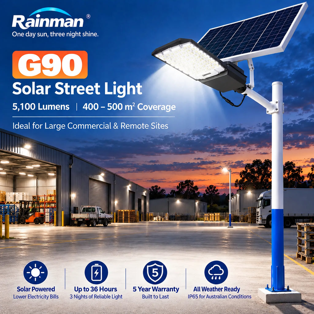 Rainman G90 solar street light promotional banner graphic showcasing the heavy duty fixtures installed over a large commercial transport yard with delivery trucks and warehouses.