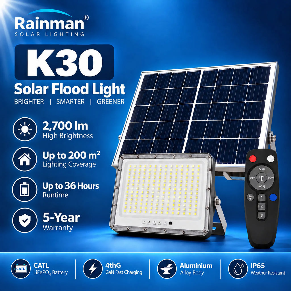 Rainman K30 solar flood light promotional banner graphic highlighting its two thousand seven hundred lumens output, two hundred square metre lighting coverage area, up to thirty six hours runtime, and five year warranty.
