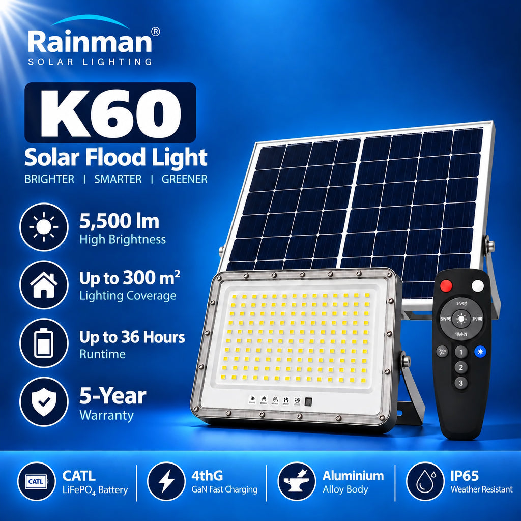 Rainman K60 solar flood light promotional banner graphic highlighting its five thousand five hundred lumens output, three hundred square metre lighting coverage, up to thirty six hours runtime, and five year warranty.