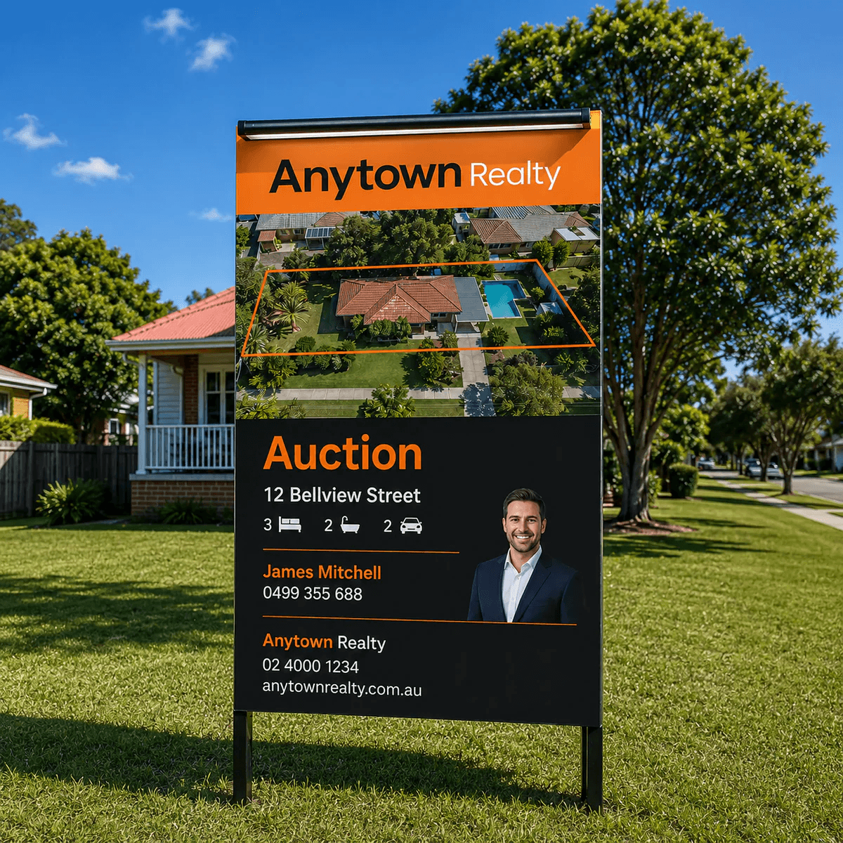 A premium 60cm bar style real estate sign light solar unit sits cleanly installed above an active auction property advertisement board on an australian suburban lawn.