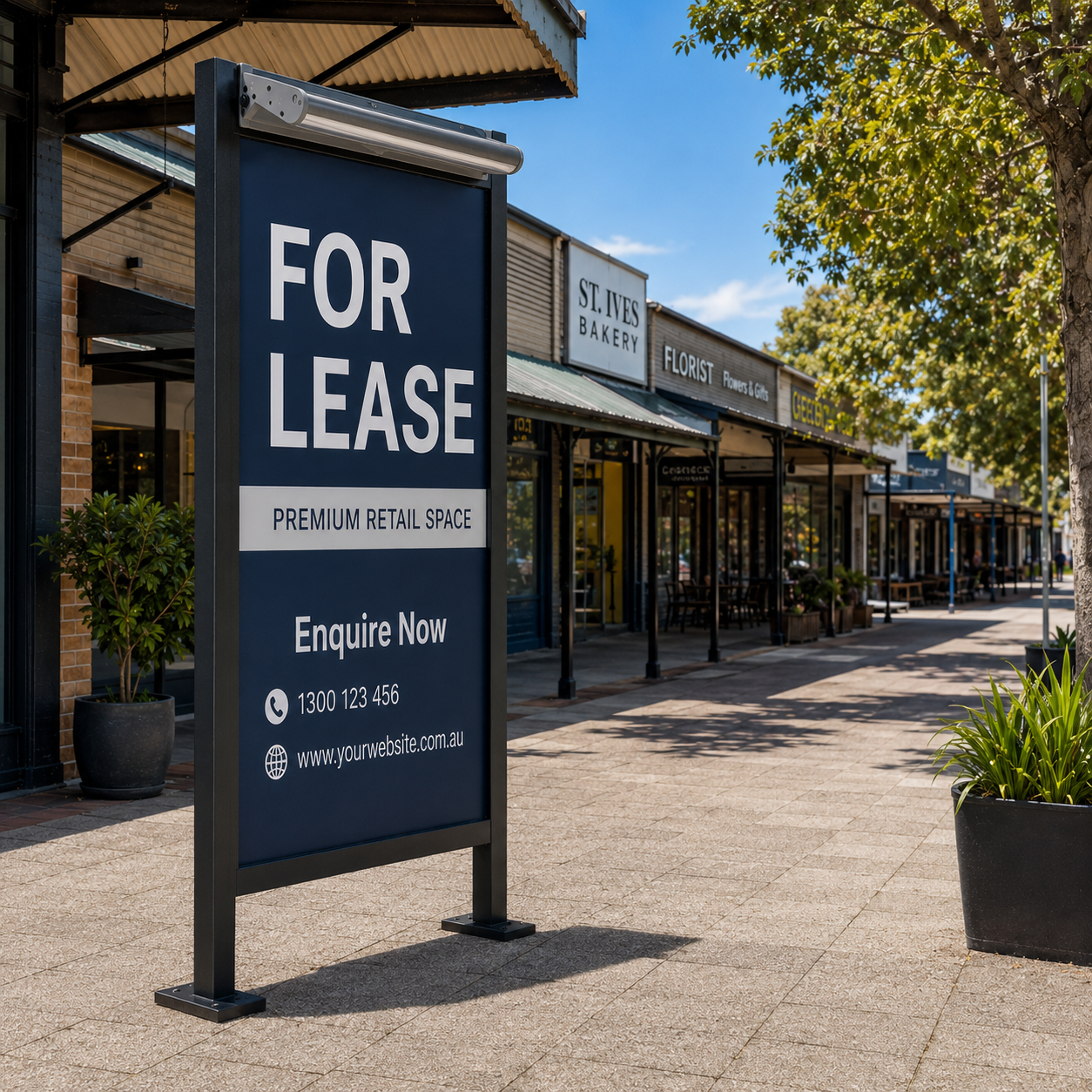 A commercial real estate sign light solar bar is mounted to a prominent for lease board along an outdoor Australian shopping strip during the day.