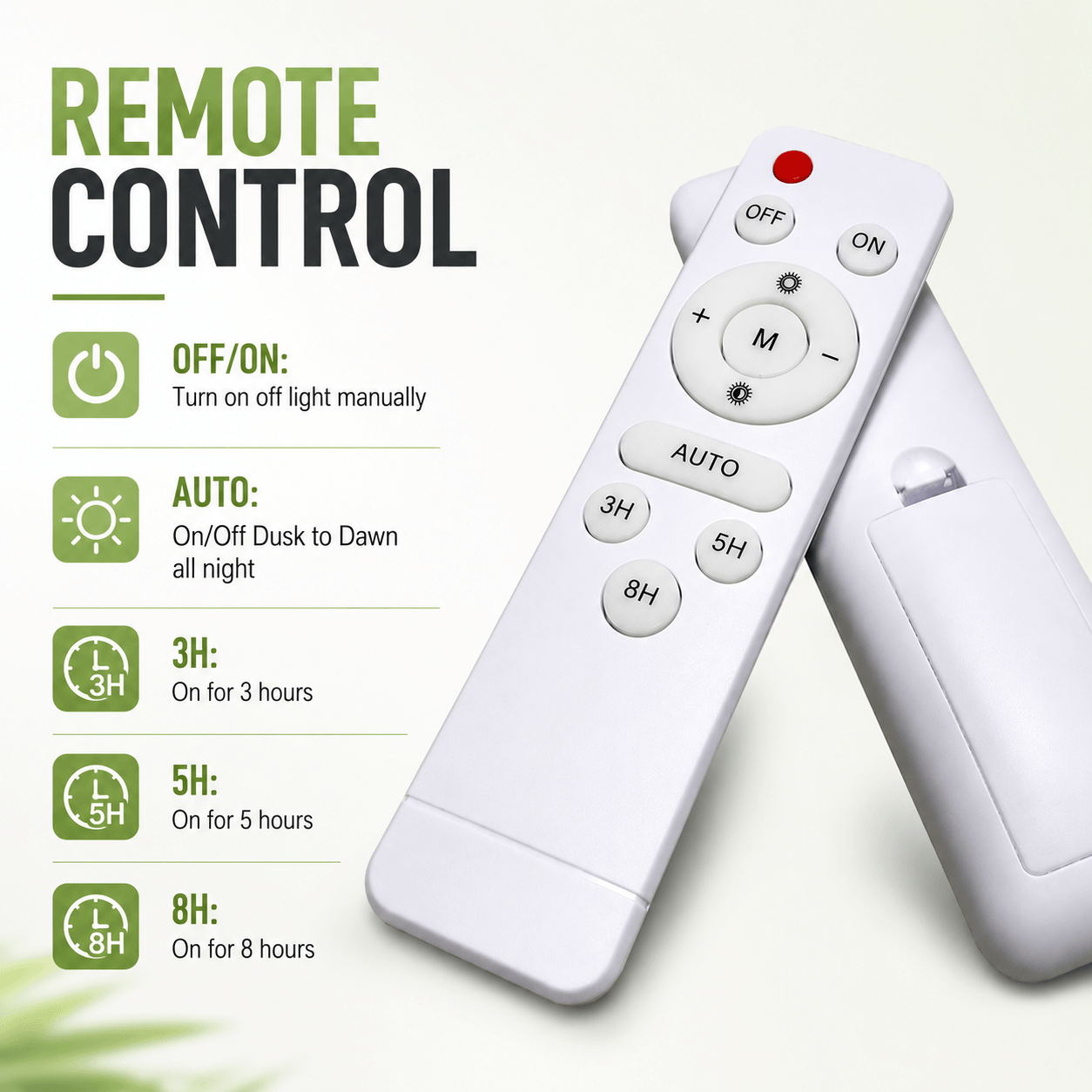 Wireless remote control displaying settings for a fixed colour solar flood light including auto dusk to dawn mode and programmable timers.