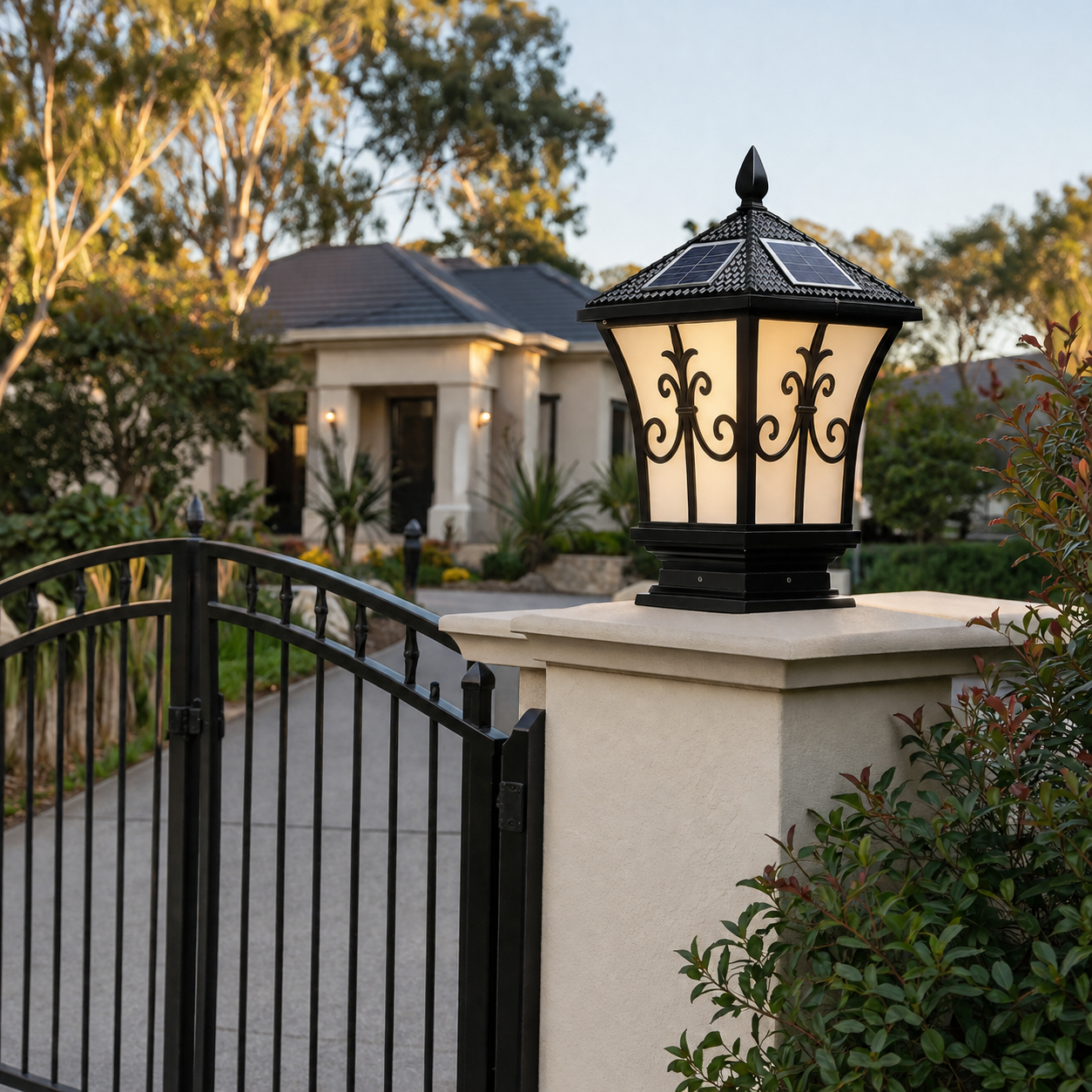 A black heritage solar light glowing on a concrete driveway gate post, showing an elegant real-world installation at the front entrance of an Australian home.