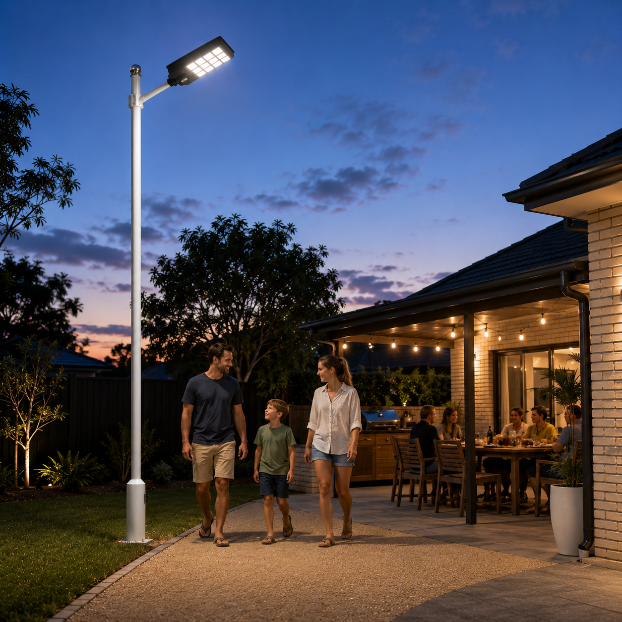 Residential solar street light illuminating a backyard pathway and patio area during an evening family gathering in Australia