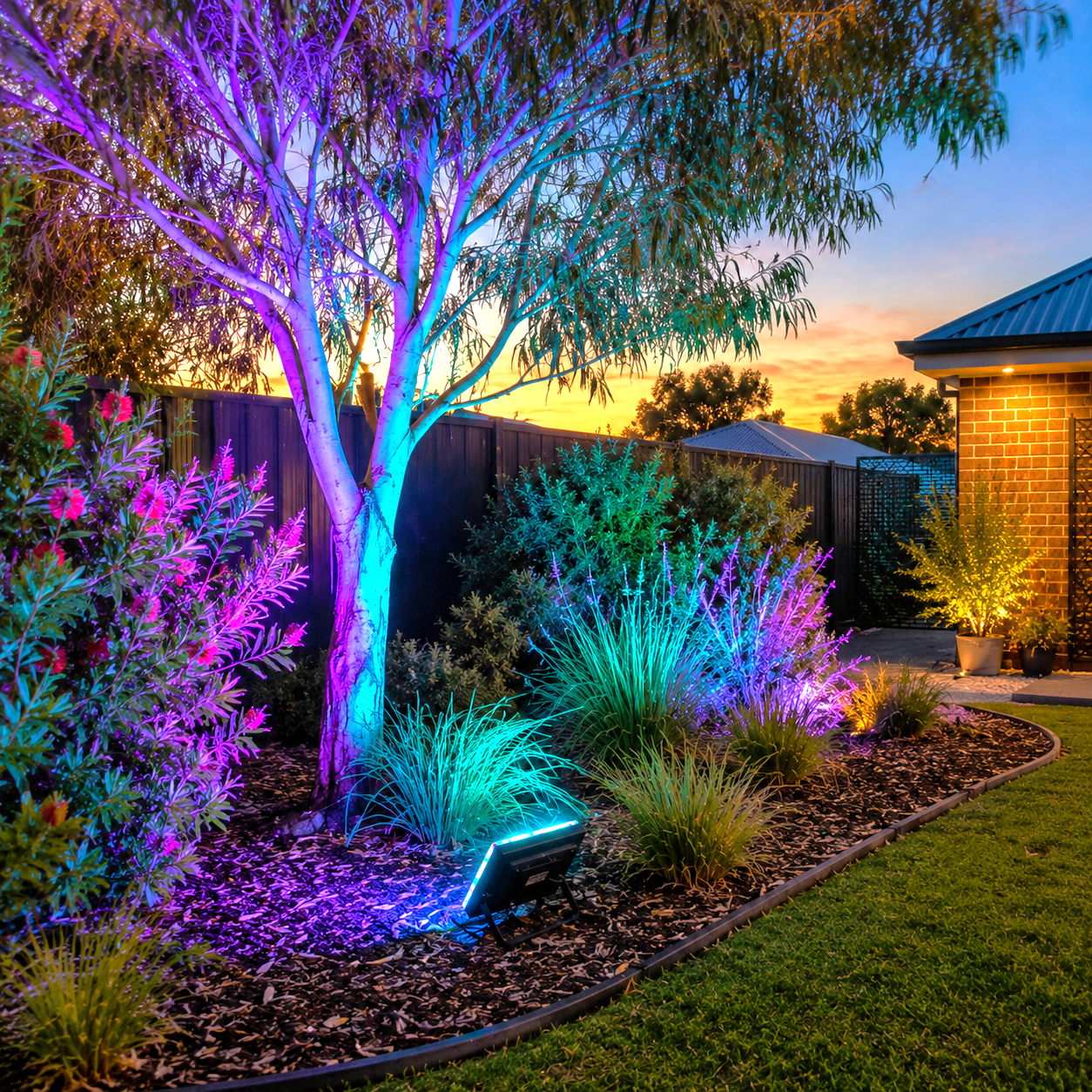An rgb solar flood light positioned on a garden bed to highlight native trees and landscape shrubs with a vibrant multi-color wash along a suburban property fence line.