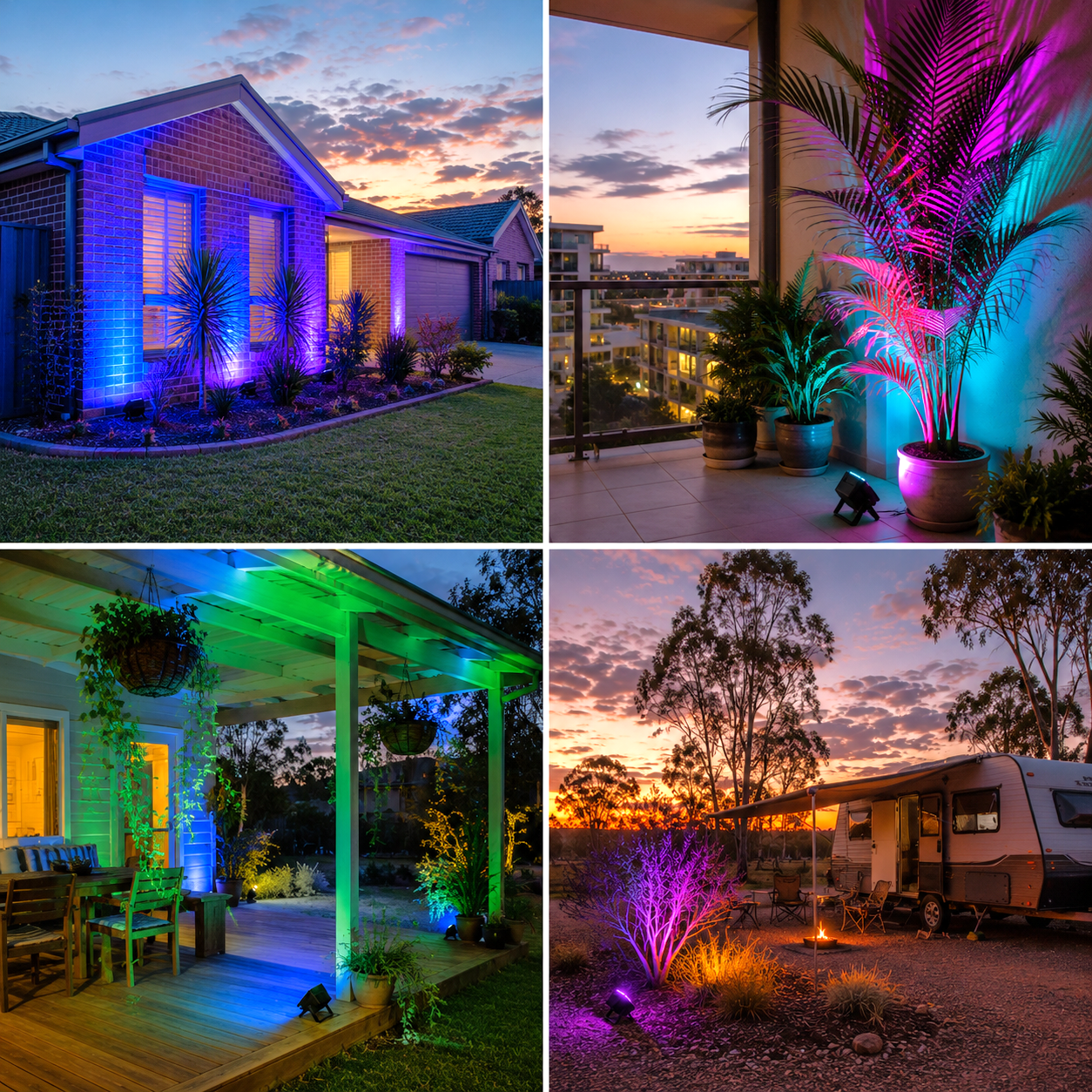 A multi-photo collage showcasing an rgb solar flood light highlighting different outdoor uses, including a suburban home brick facade, an apartment balcony potted palm, a timber veranda deck, and an off-grid caravan camping setup under a sunset sky.