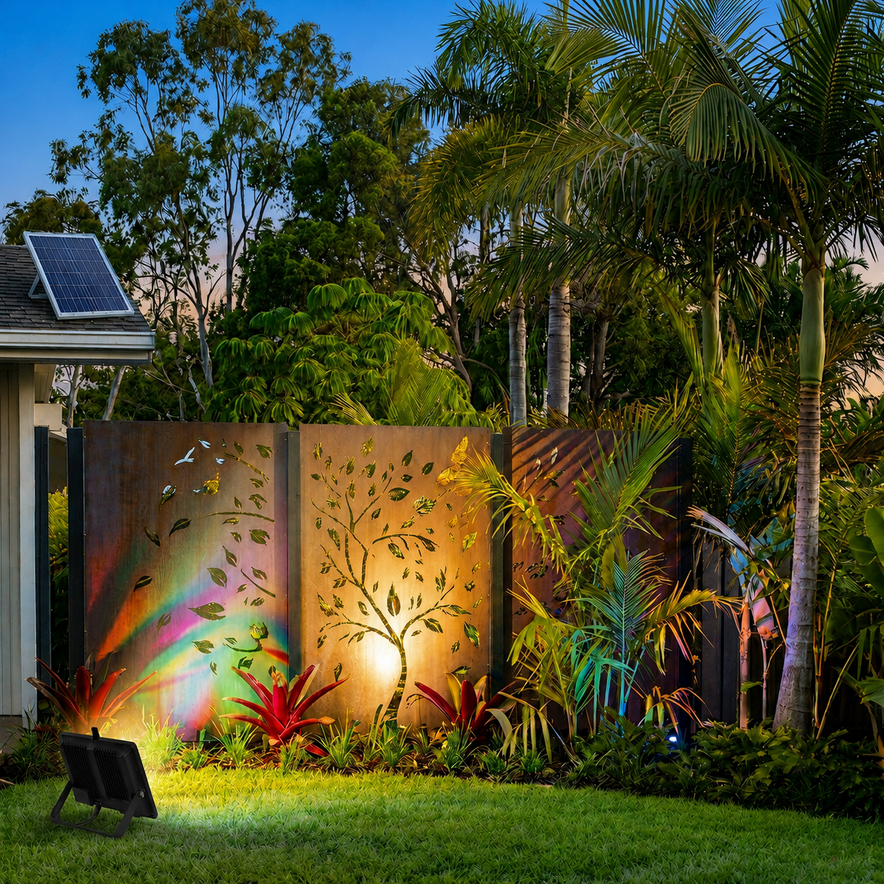 An RGB solar outdoor flood light Australia setup illuminating a tropical backyard garden lawn, casting a multi-color wash over laser-cut metal privacy screens under palm trees.