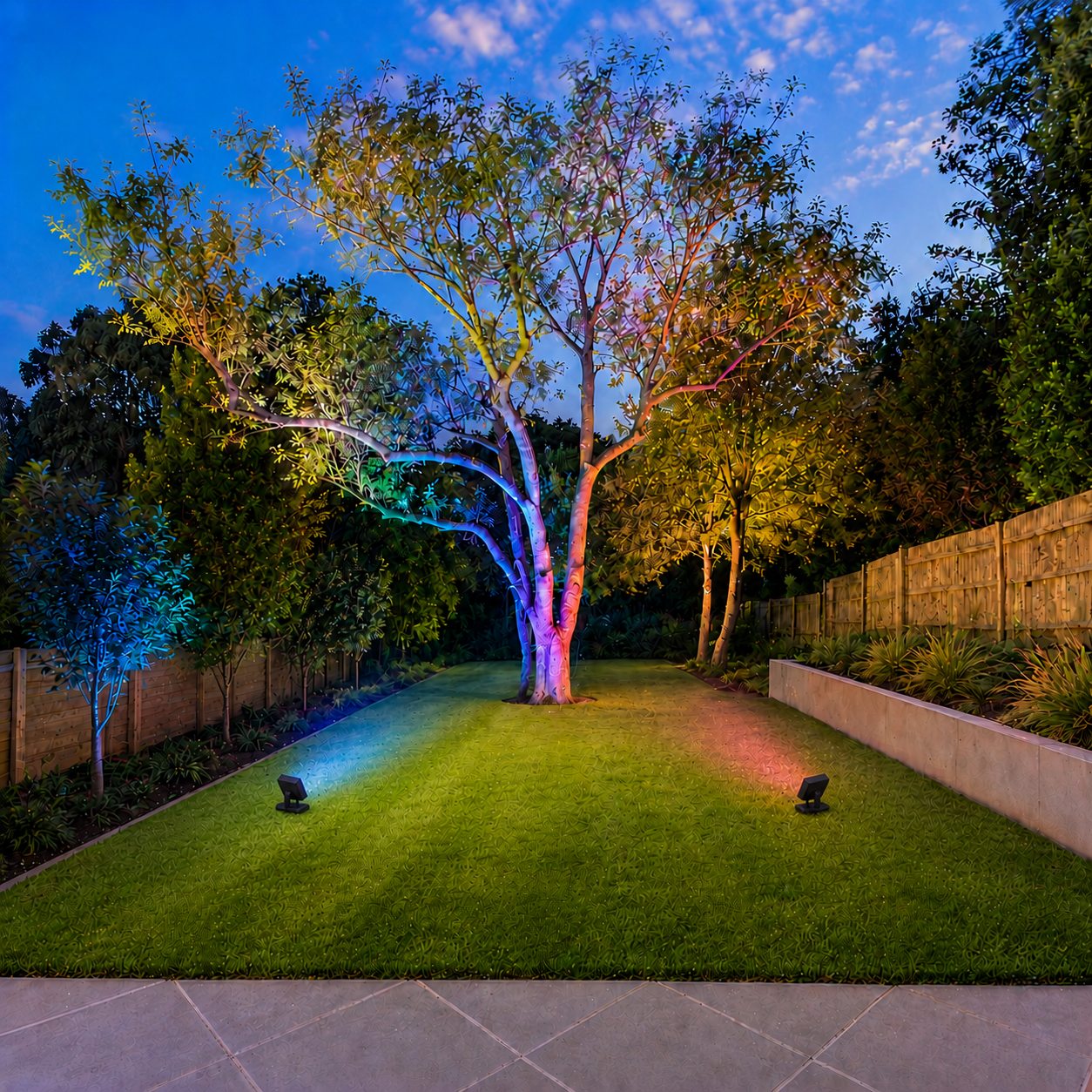Two units of an rgb solar outdoor flood light australia illuminating a large backyard lawn and centering a mature tree with striking colorful landscaping accents.