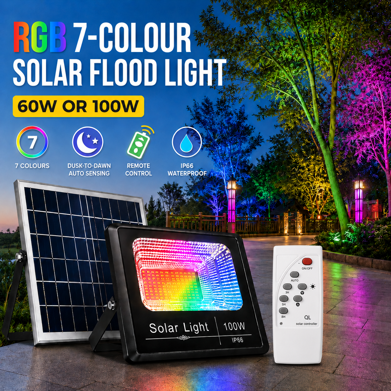 An RGB solar outdoor flood light Australia listing showcasing the 100W color-changing fixture, solar panel, wireless remote, and a backyard landscape illuminated by a vibrant 7 colour solar light.