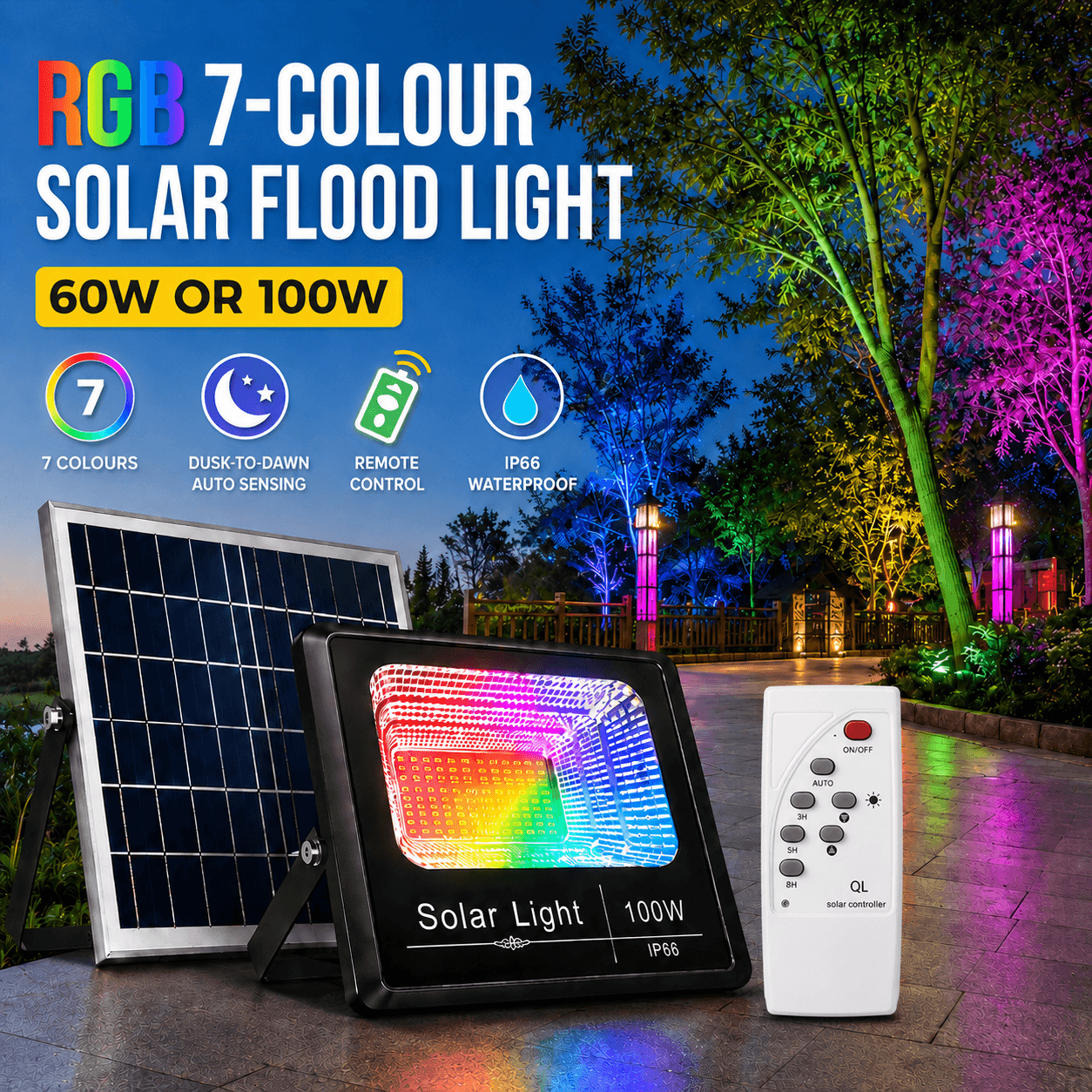 An RGB solar outdoor flood light Australia listing showcasing the 100W color-changing fixture, solar panel, wireless remote, and a backyard landscape illuminated by a vibrant 7 colour solar light.