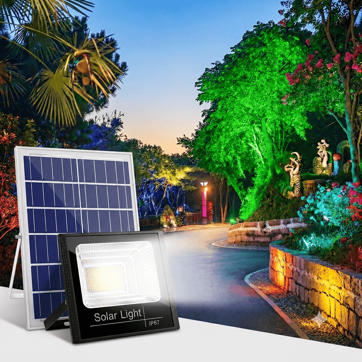 An RGB solar powered flood light and solar panel showcasing bright white landscape illumination across an outdoor garden pathway with vibrant tree lighting.