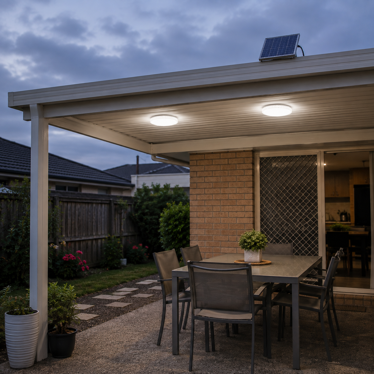 A modern Australian backyard patio and outdoor dining area illuminated by a dual solar ceiling light system with a roof-mounted solar panel providing bright evening lighting over an alfresco table.