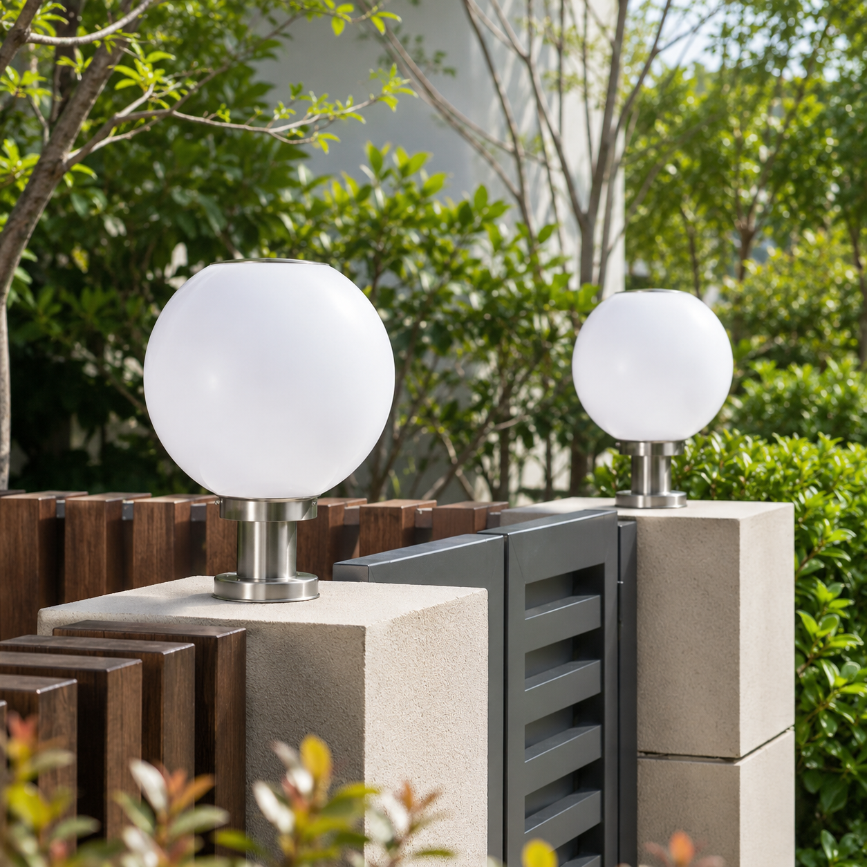 Two round solar globe column light fixtures mounted on concrete gate pillars next to a timber fence in Australia