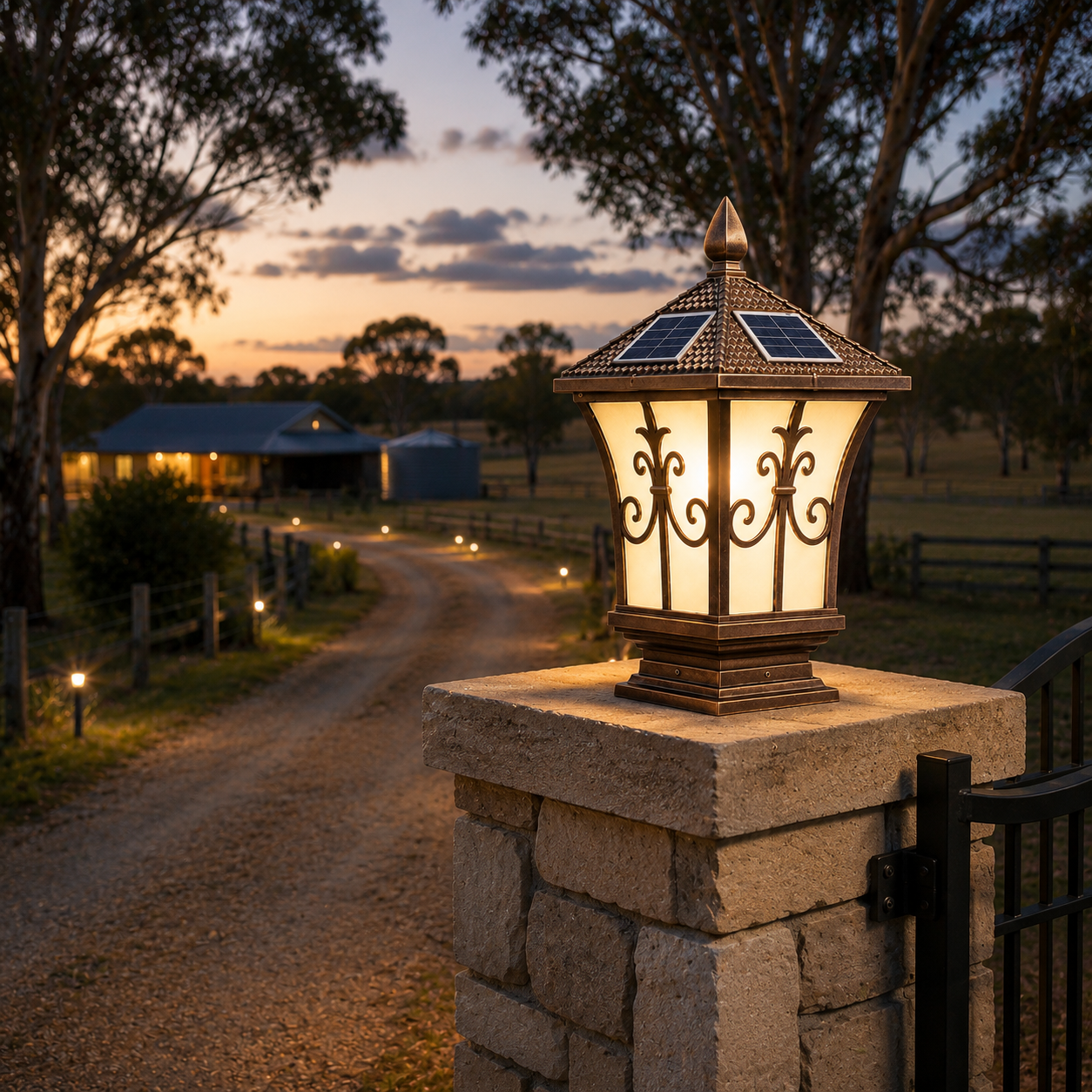 An antique bronze solar pillar light Australia rural property owners choose, glowing on a stone fence post to illuminate a long country acreage driveway entrance at dusk.