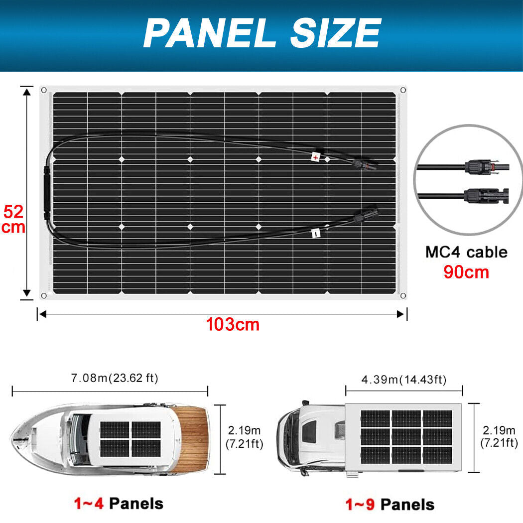 100W 12V Flexible Solar Panel Monocrystalline 12V Battery Caravan Boat Camper