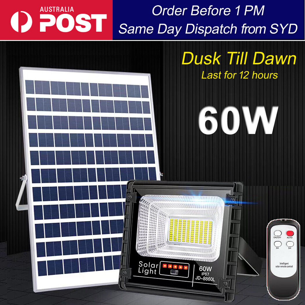Solar-powered floodlight system featuring a 60W IP67-rated LED lamp with dusk-to-dawn automation, remote control, and large side-mounted solar panel for 12-hour illumination—ideal for outdoor security and smart energy setups.