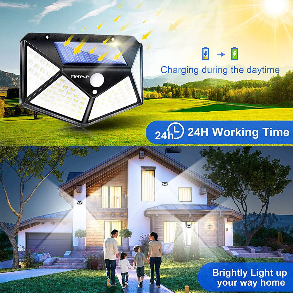 100 LED PIR Motion Sensor Solar Powered Light Wall Lights 3 Lighting Modes