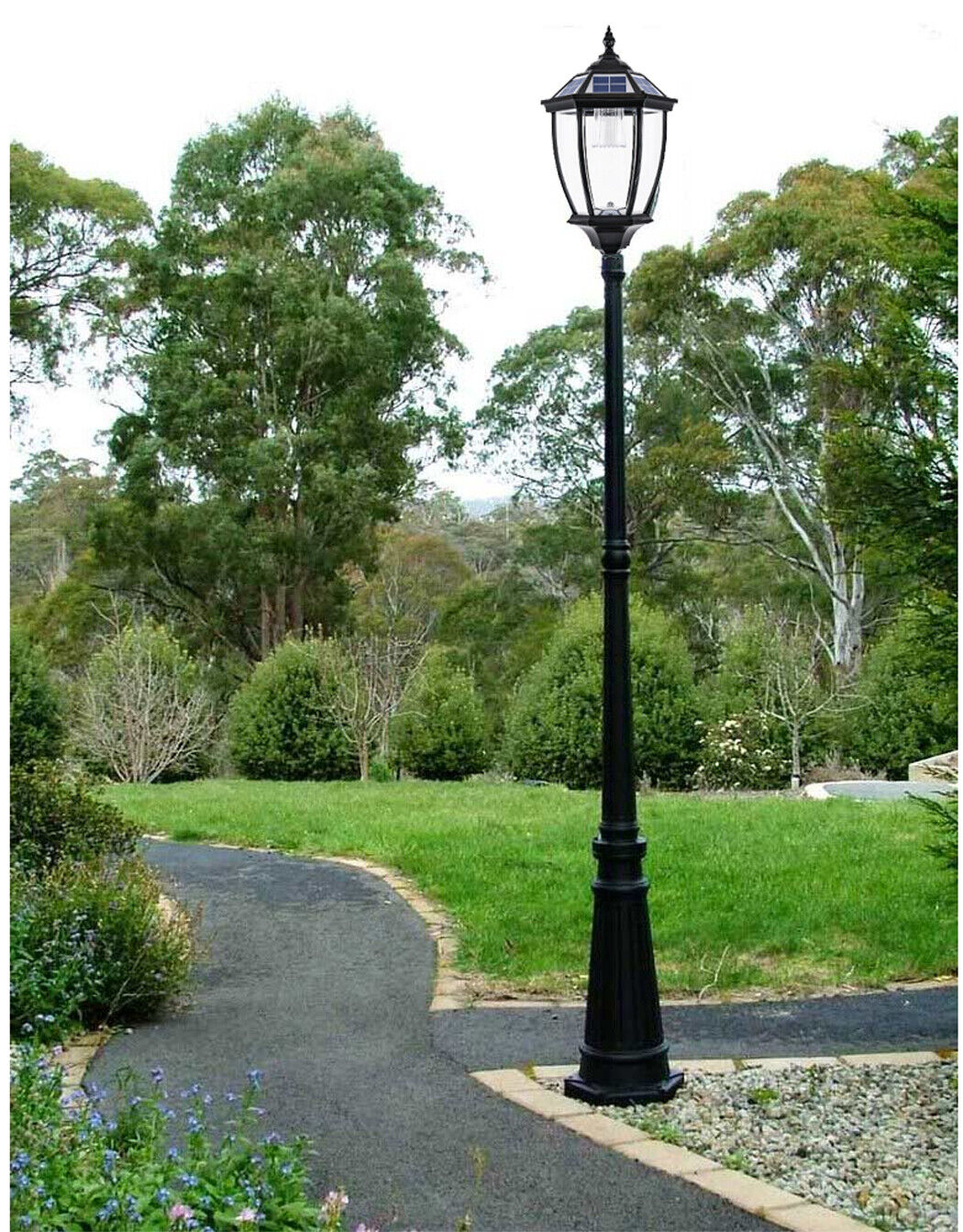 Victorian Solar Post Light - Black Lamp Post Antique Lantern with Clear Glass Clear Glass Lights Yard Lawn Walkway