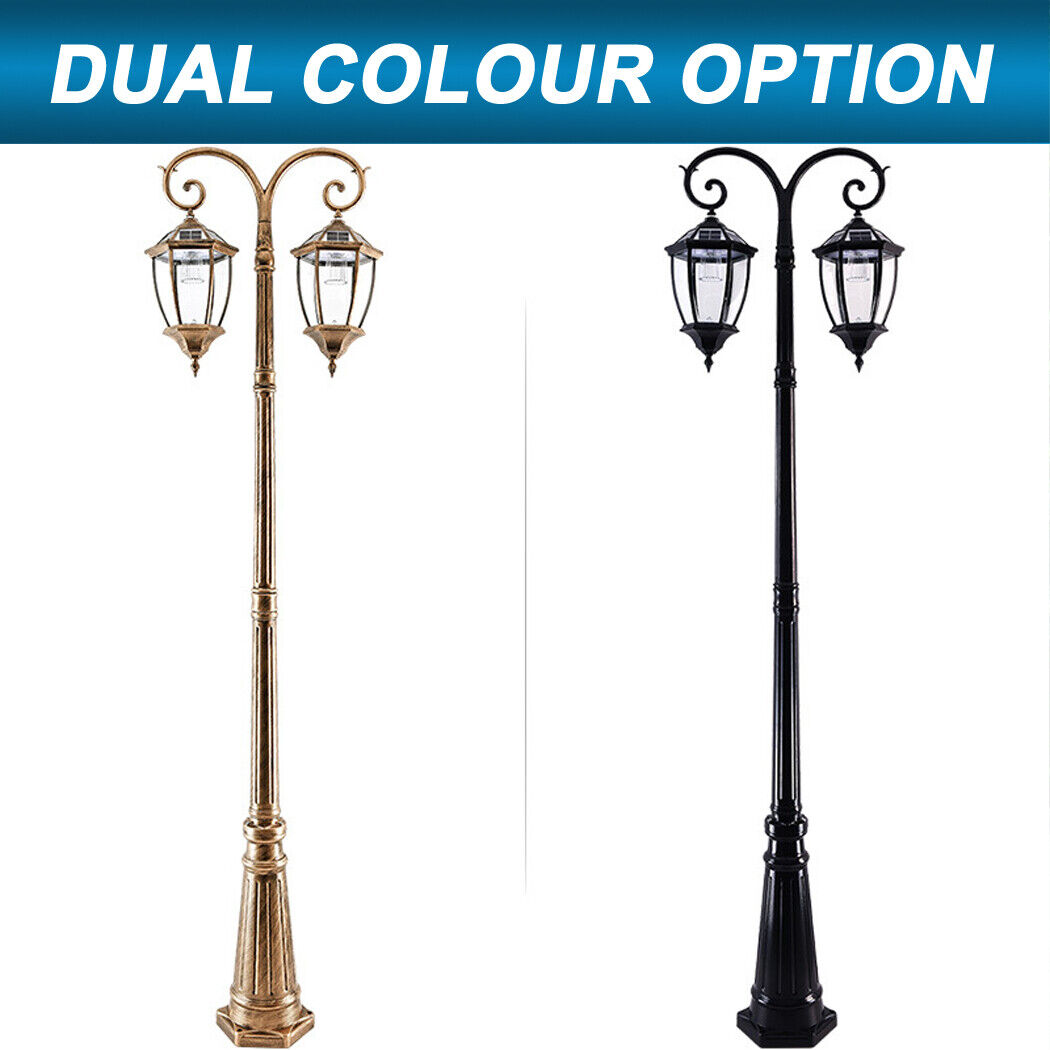 Double Head Antique Solar Coach Post Light 2 Head Clear Glass street Lantern Hexagonal