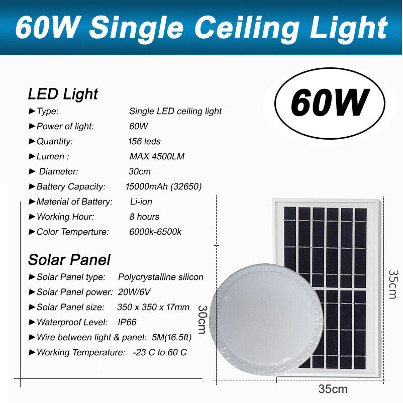 60W Solar Ceiling Light All Night Light Sensor or Remote Control Single Dual