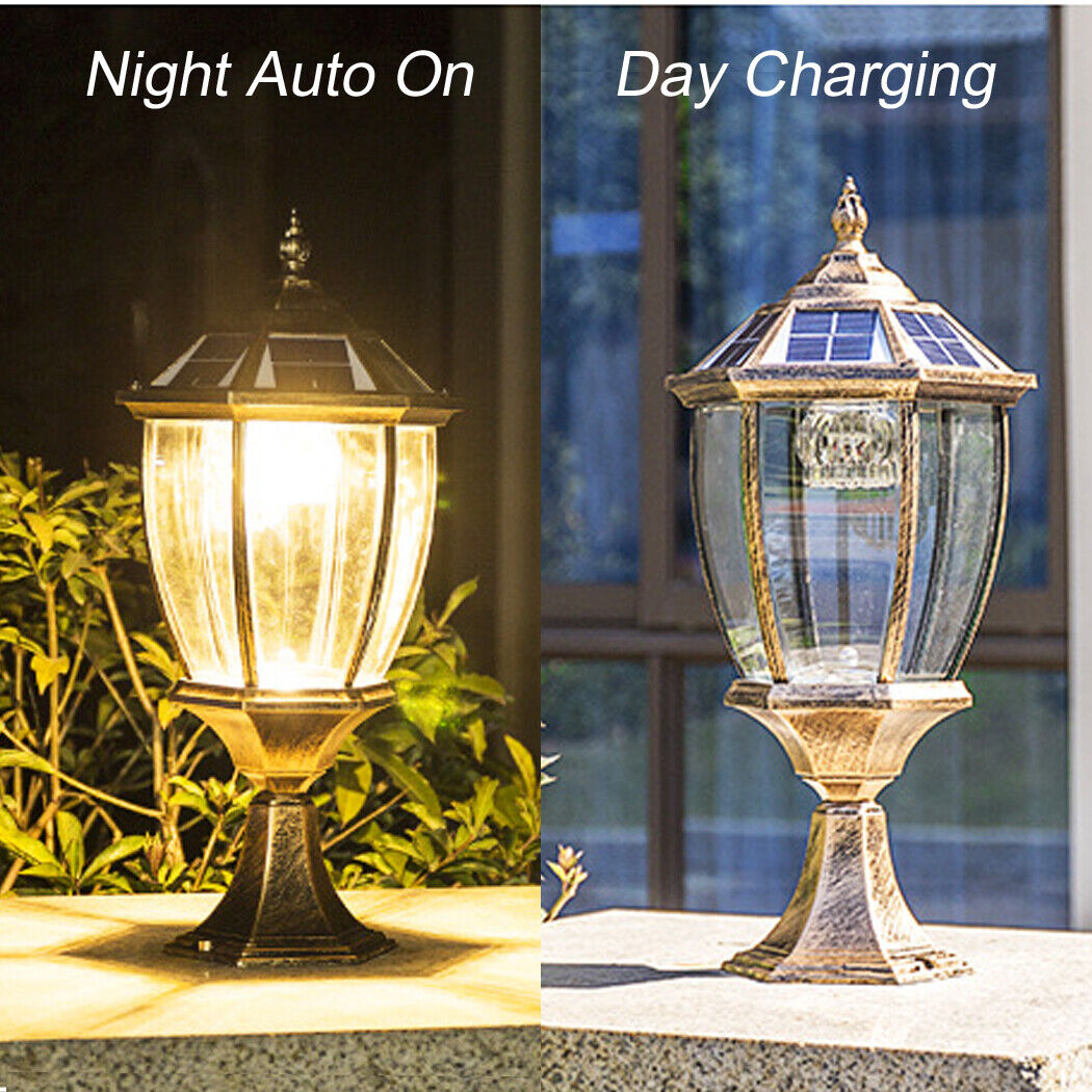 Dual-view of a black solar lantern—glowing warmly at night in a garden labeled “Night Auto On,” and unlit during the day while charging under sunlight, labeled “Day Charging,” with surrounding greenery showcasing its day-to-night functionality.