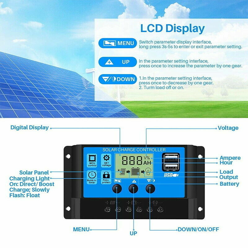 Solar Panel Charge Controller Regulator 12V/24V auto dual USB 30A/20 Battery PWM