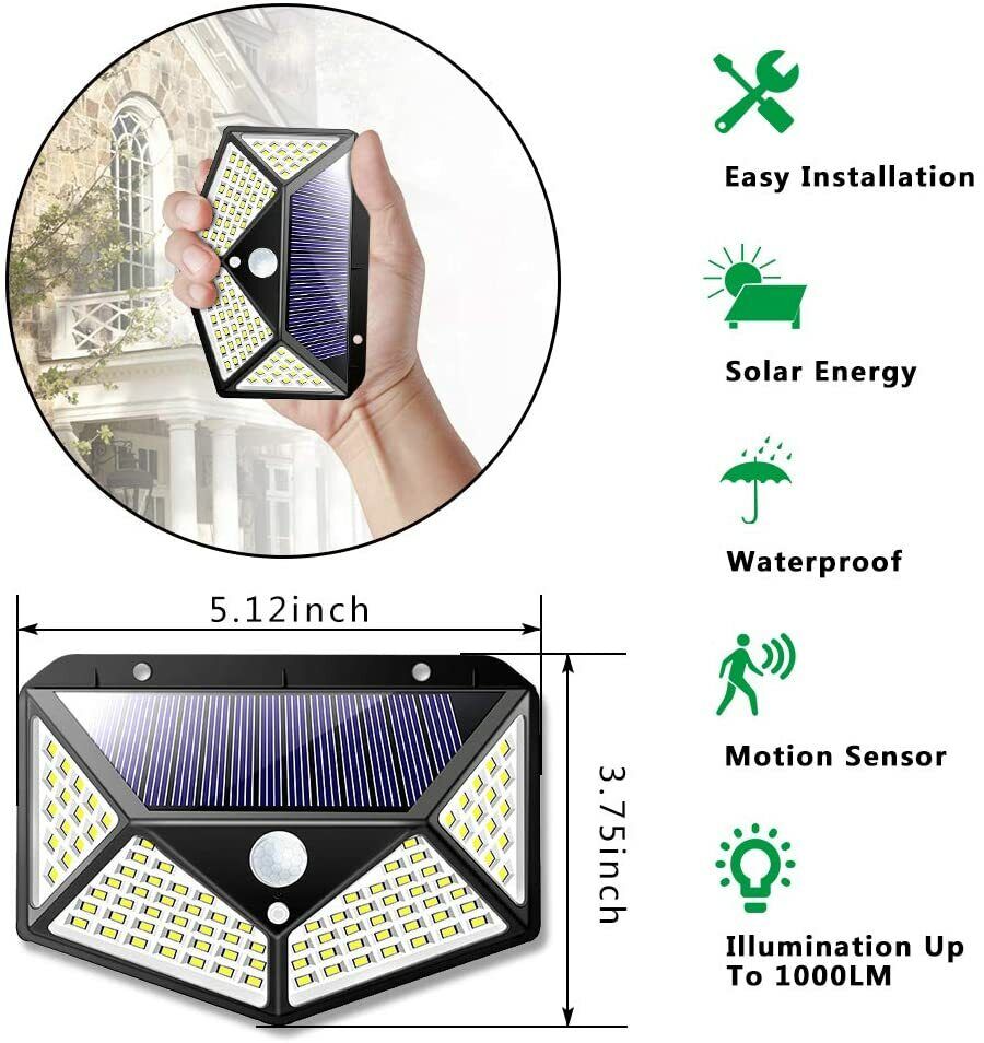 100 LED PIR Motion Sensor Solar Powered Light Wall Lights 3 Lighting Modes