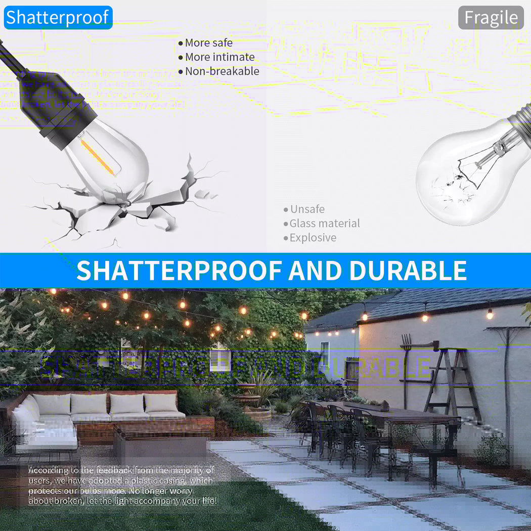 Product comparison graphic highlighting shatterproof string lights outdoor featuring a heavy duty plastic shell versus fragile traditional glass bulbs to ensure durability in backyard installations throughout Australia