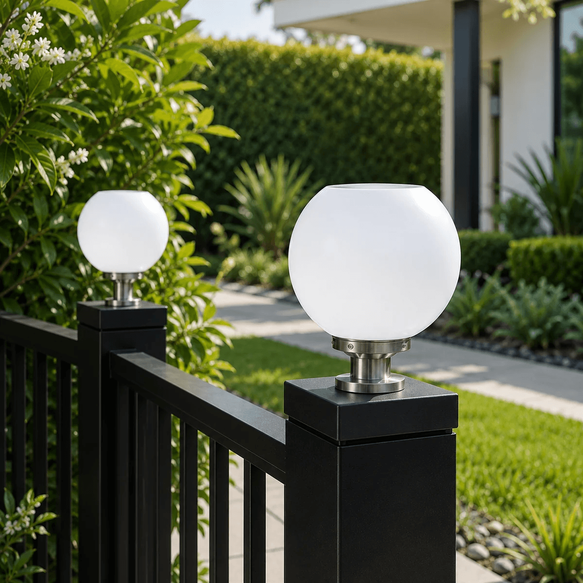 Two solar ball fence pillar lamp fixtures mounted on black wooden posts along a garden garden path in Australia