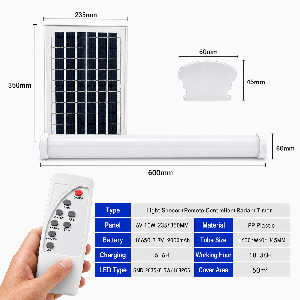 Sizing diagram and specifications chart for a 60W solar batten light showing tube and panel dimensions with a battery performance breakdown.