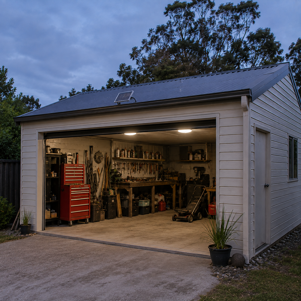 A residential backyard garage and tool workshop illuminated at dusk by two indoor dual solar ceiling lights with the main solar power collection panel mounted flush on the corrugated metal roof.