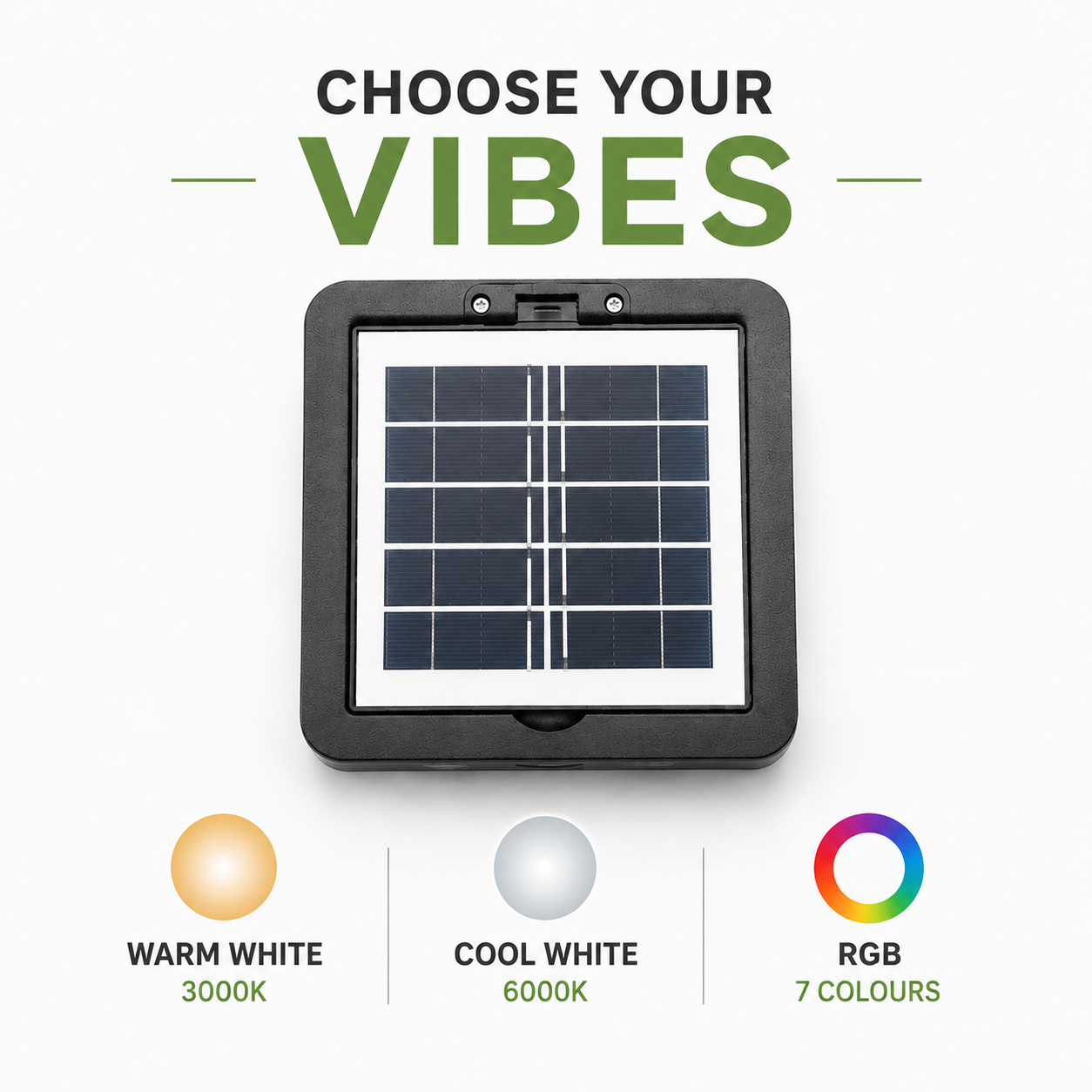 An overhead view of the square solar wall lights fixture showcasing its warm white 3000K, cool white 6000K, and 7-colour RGB solar wall light modes.