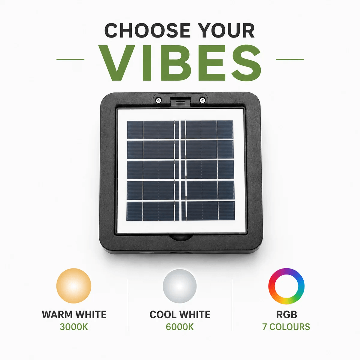 An overhead view of the square solar wall lights fixture showcasing its warm white 3000K, cool white 6000K, and 7-colour RGB solar wall light modes.