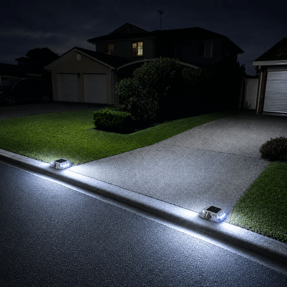 Solar driveway marker lights installed along concrete kerb at night, brightening an Australian home driveway with IP68 waterproof white LED road studs