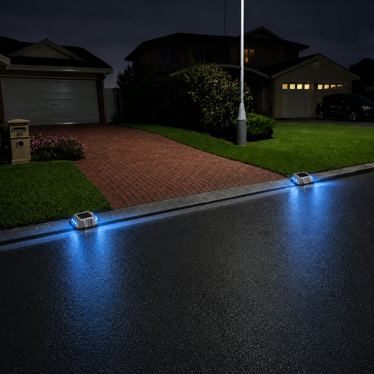 Blue LED solar driveway marker lights installed along residential kerb at night, illuminating a brick paved Australian home driveway entrance