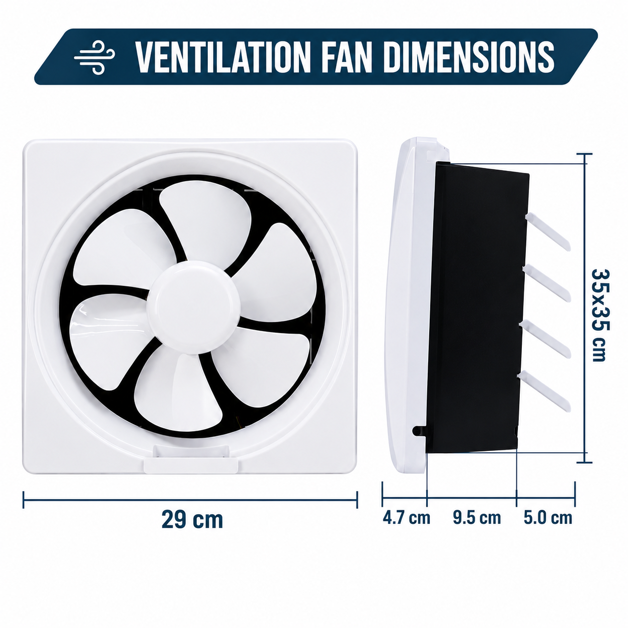 Technical dimension graphic of a wall mounted exhaust fan showing measurements of 29cm width and 35x35cm total panel size, ideal for checking installation space for a solar powered shed fan.