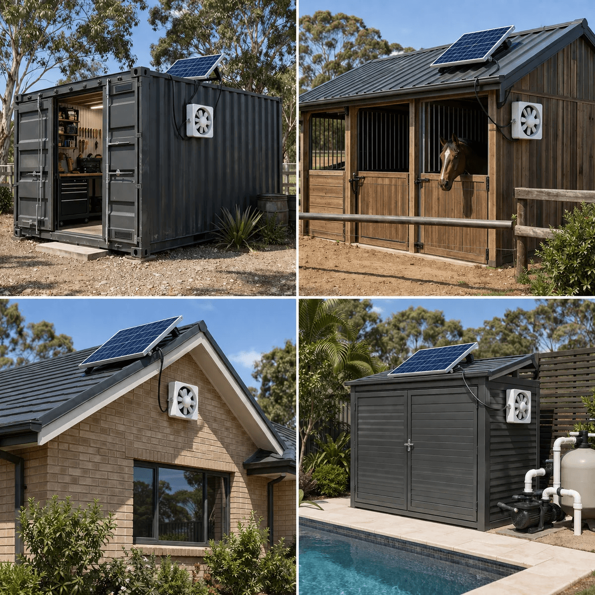 A four-panel grid showing versatile installation setups including a solar powered shed fan on a shipping container, a horse stable ventilator, a roof cavity attic extractor, and a pool pump shed cooling unit under direct sunlight.