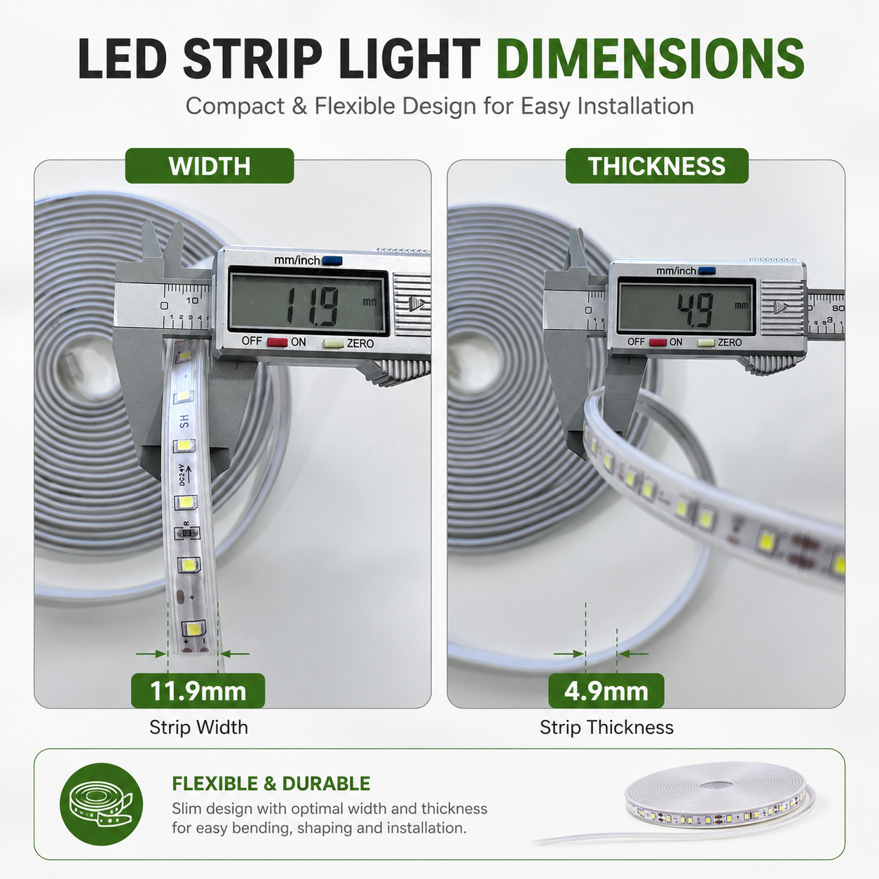 Detailed dimensions chart for the flexible solar fairy lights outdoor showing a digital caliper measurement of 11.9mm strip width and 4.9mm strip thickness.