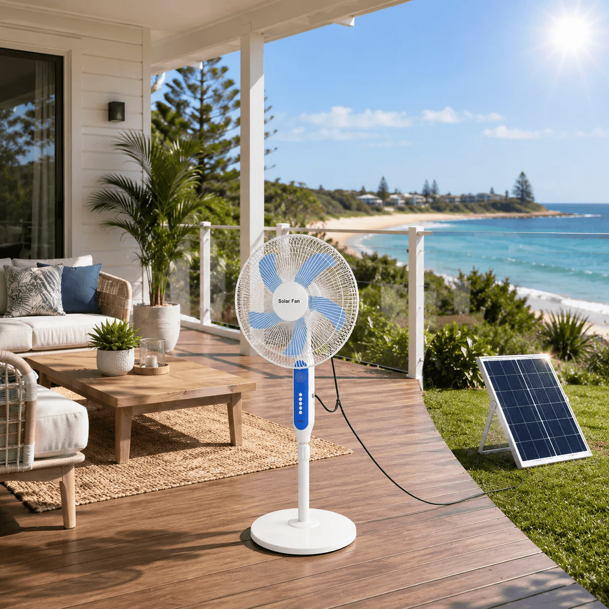 A white and blue solar fan for camping and coastal holiday homes, set up on a wooden beachside deck while charging via an outdoor solar panel on the grass.