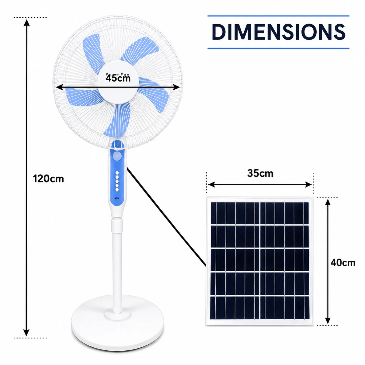 A sizing schematic indicating the 120cm height and 45cm diameter of the solar fan with battery and AC adapter capabilities beside its 40cm by 35cm solar panel.