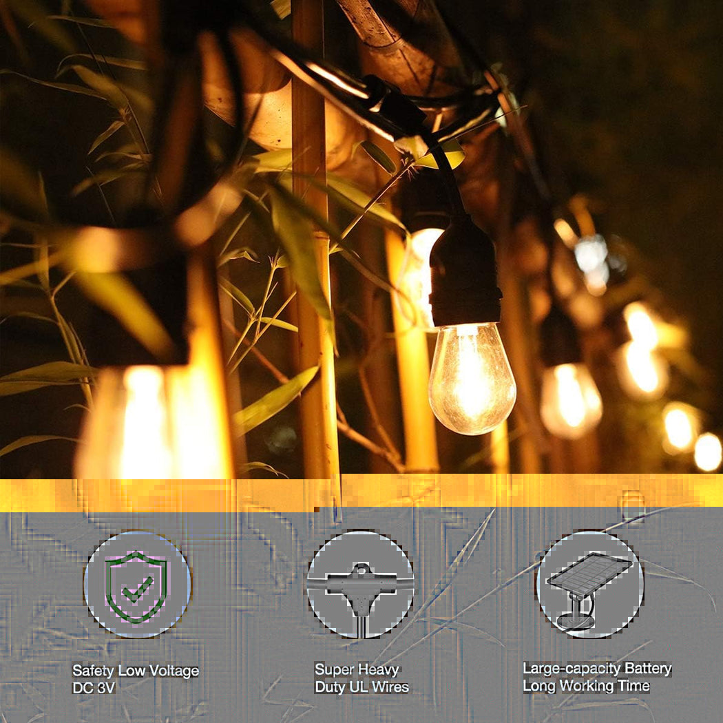 Product feature graphic showcasing solar festoon lights outdoor specifications including low voltage DC 3V safety heavy duty UL wiring and a large capacity battery for long working times in an Australian garden setup