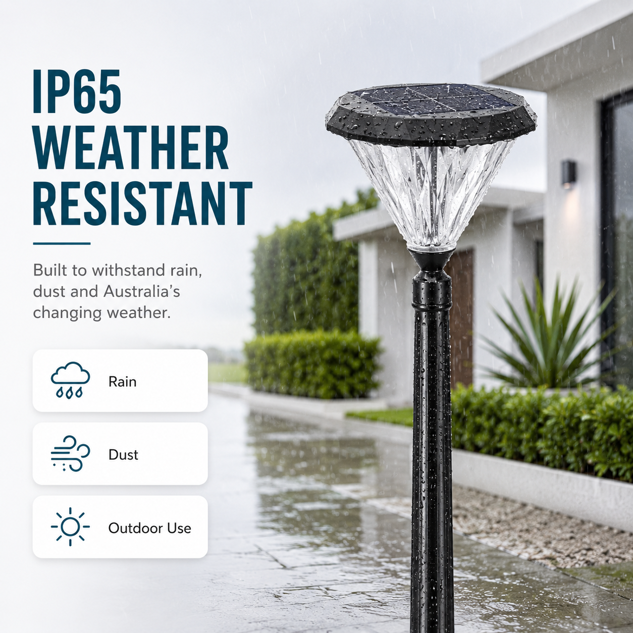Sleek flat top solar lantern standing under heavy rain showing ip65 waterproof dust resistant build quality for harsh australian outdoor weather.
