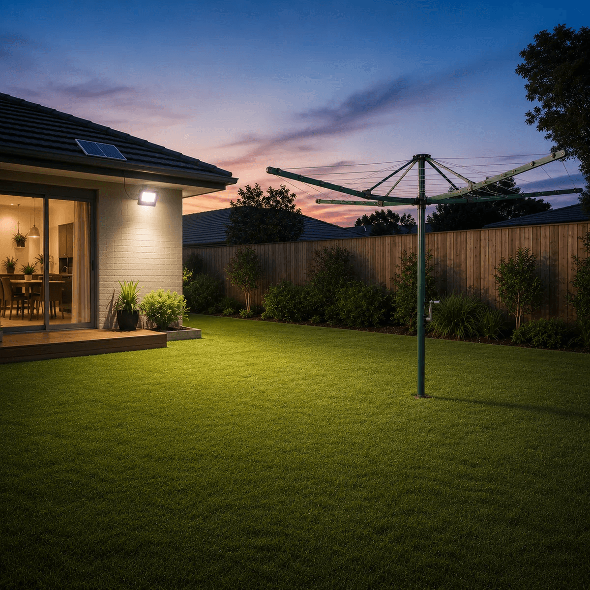 40W solar floodlight on an exterior wall illuminating a grassy backyard lawn and clothesline. Outdoor solar security lights.