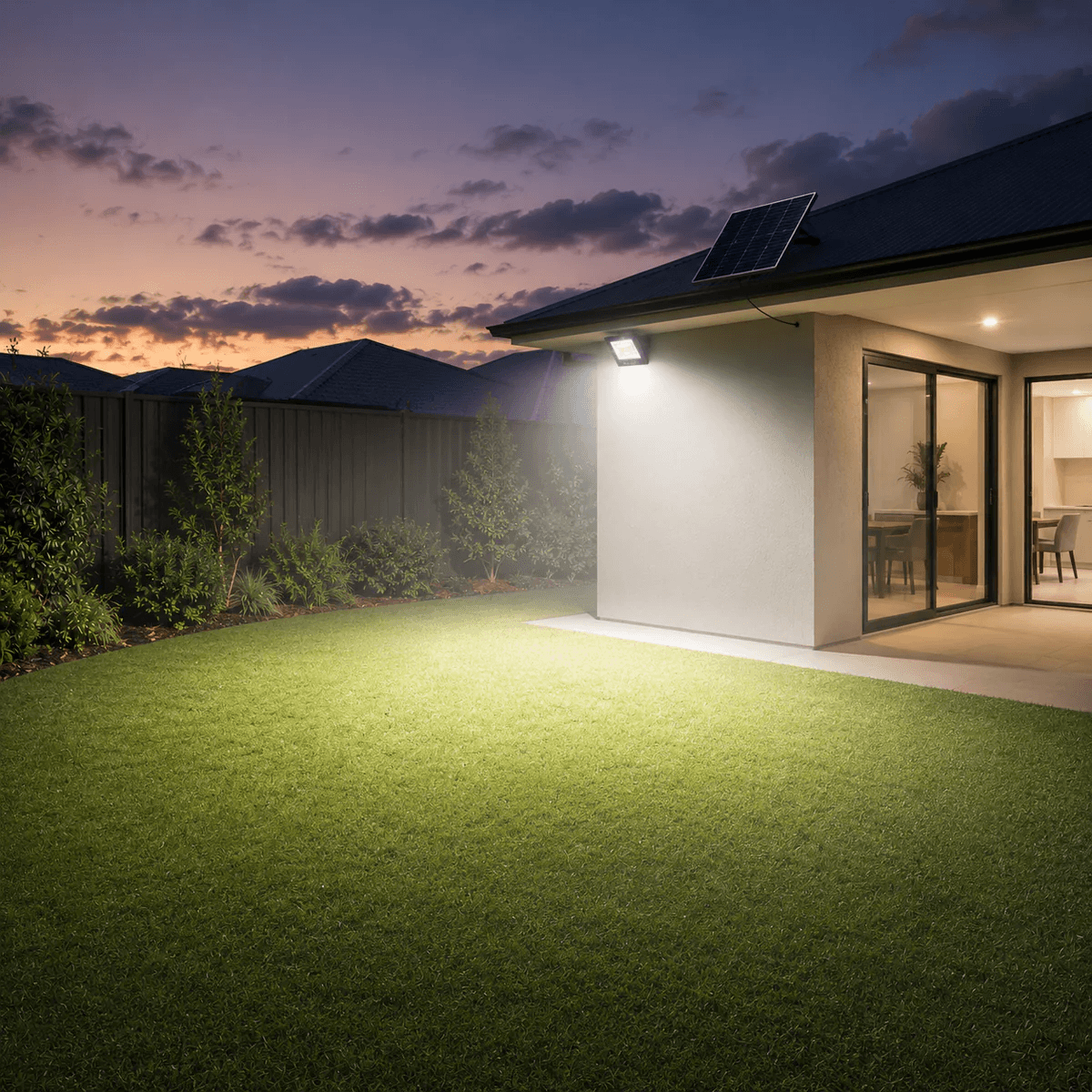 60W solar flood lamp with roof-mounted panel over a patio. Weatherproof solar lights floodlights for Australian homes.