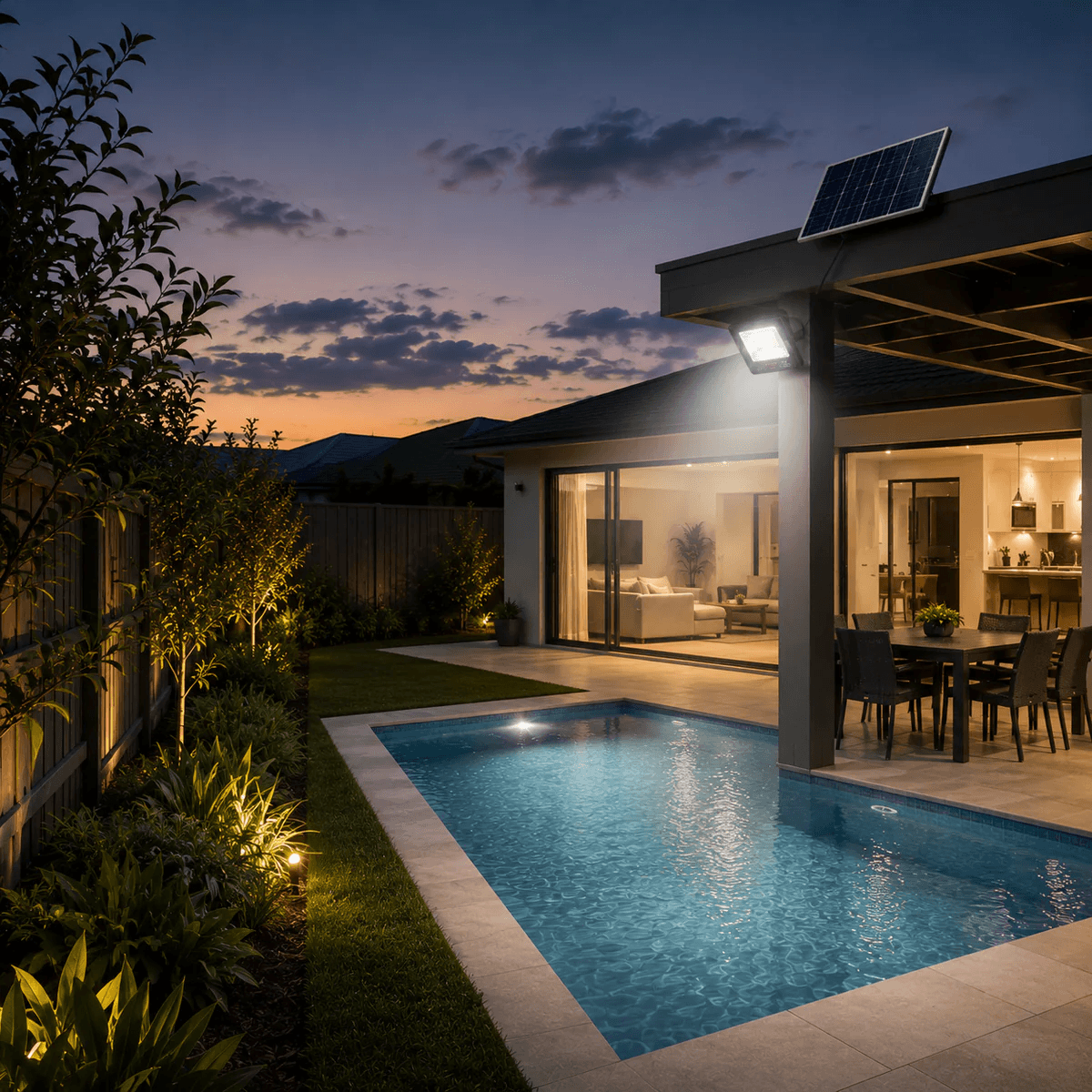 60W solar floodlight on a patio pillar illuminating a backyard swimming pool. Outdoor solar security lights for home entry.