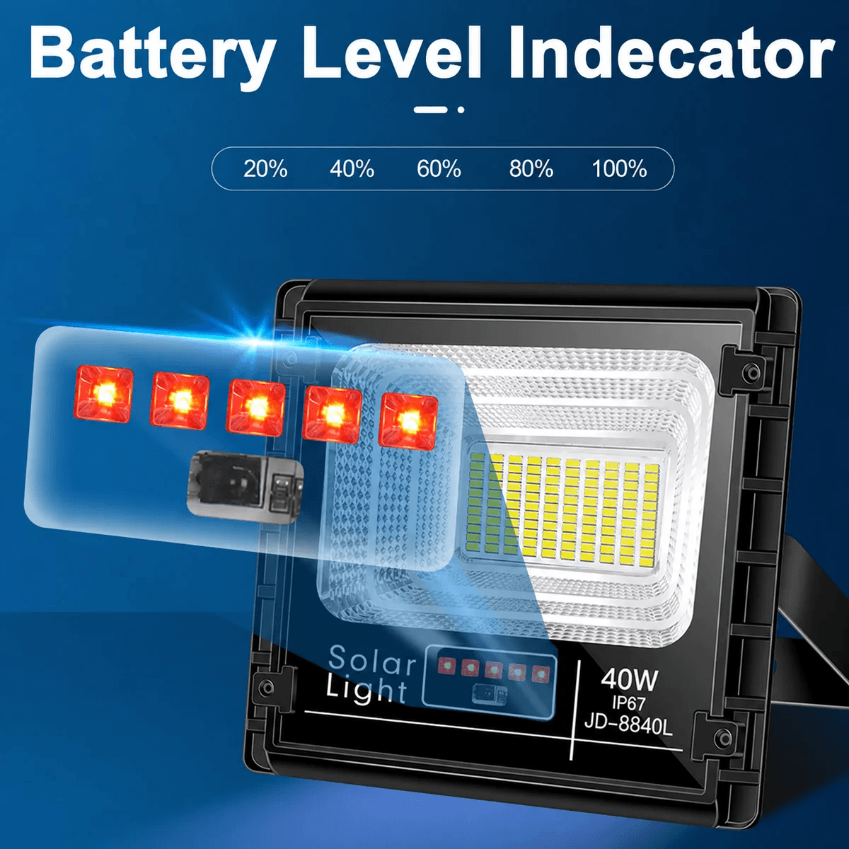 Solar flood light built-in battery level indicator diagram displaying five-stage power levels from 20 percent to 100 percent capacity on a 40W JD-8840L model